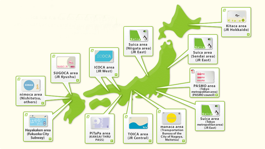 The different IC cards available around the various regions of Japan. Courtesy of JR-East