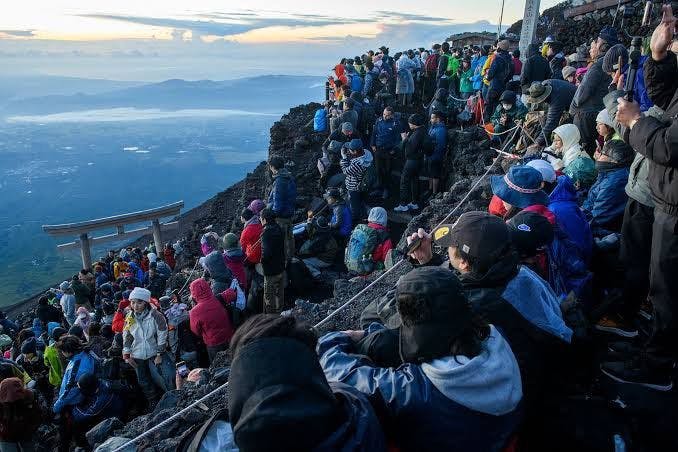 The climb up Mt. Fuji is becoming overcrowded.